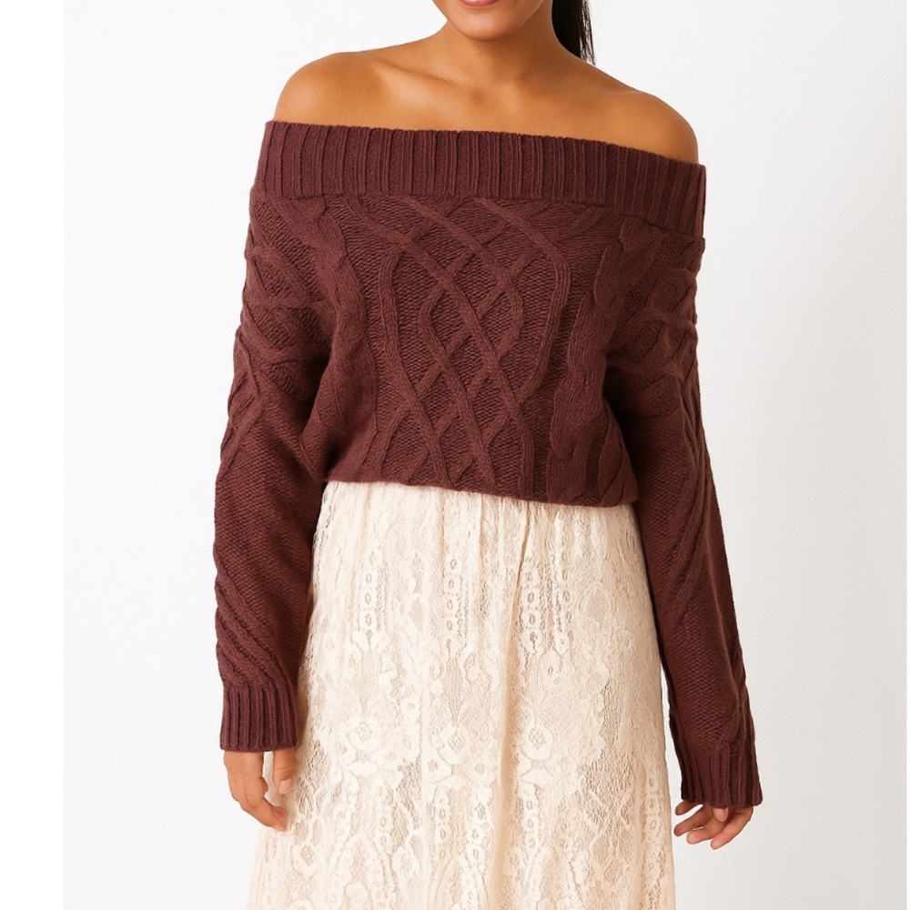 ADORA Boutique Off-Shoulder Burgundy Wine Cable Knit Oversized Sweater Small